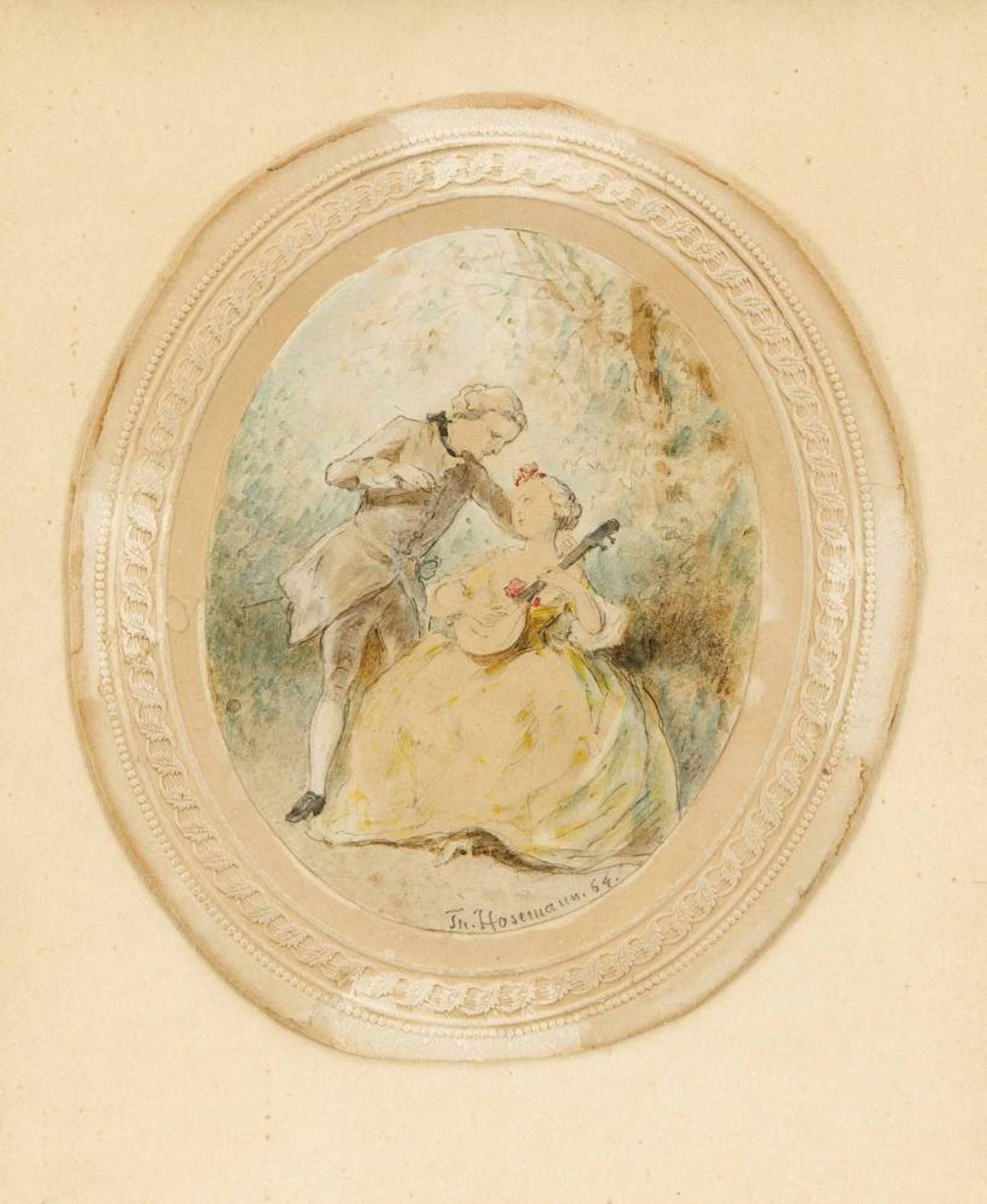 Hosemann, Theodor, 'Liebespaar' 1864, Aquarellierte Bleistiftzeichnung, aufmedaillonartiger