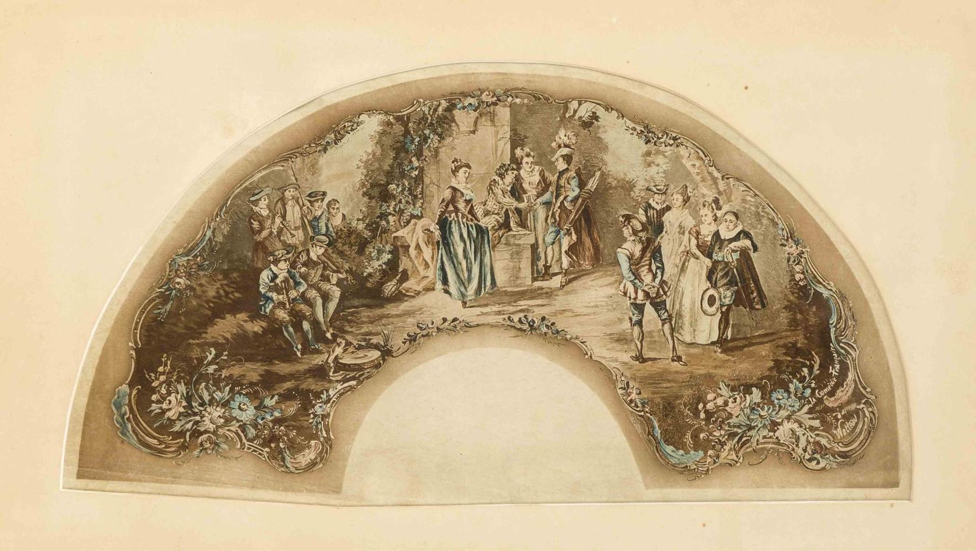 Rokoko-Entwurf nach Watteau für einen Fächer, wohl Heliogravure auf Bütten, im Druck bez.'La Comédie