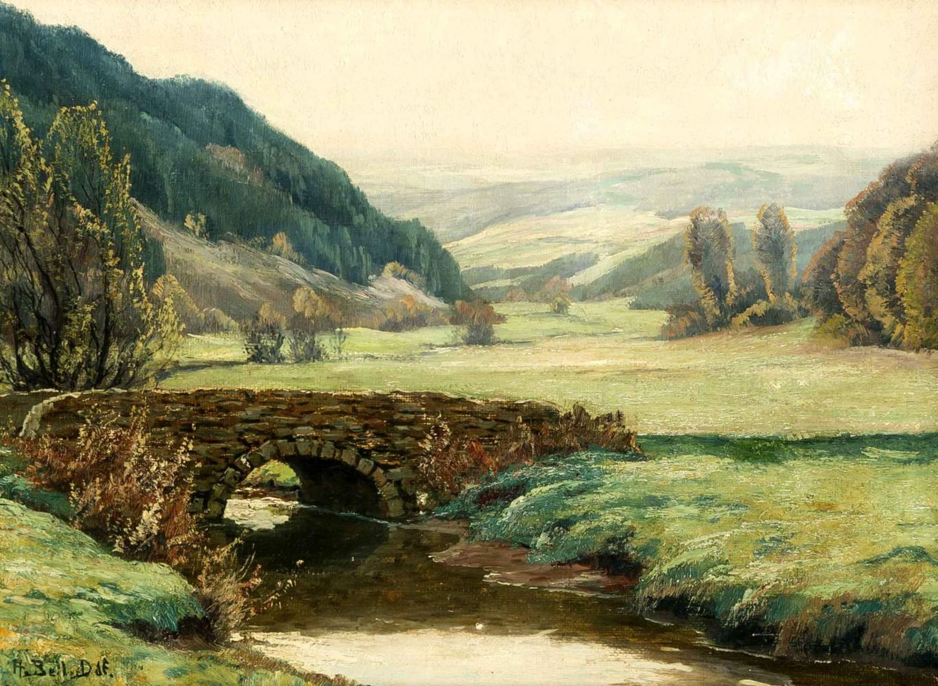 Arthur Bell (1876-1966), Düsseldorfer Maler, Steinbrücke in Mittelgebirgslandschaft,Öl/Lwd., u.