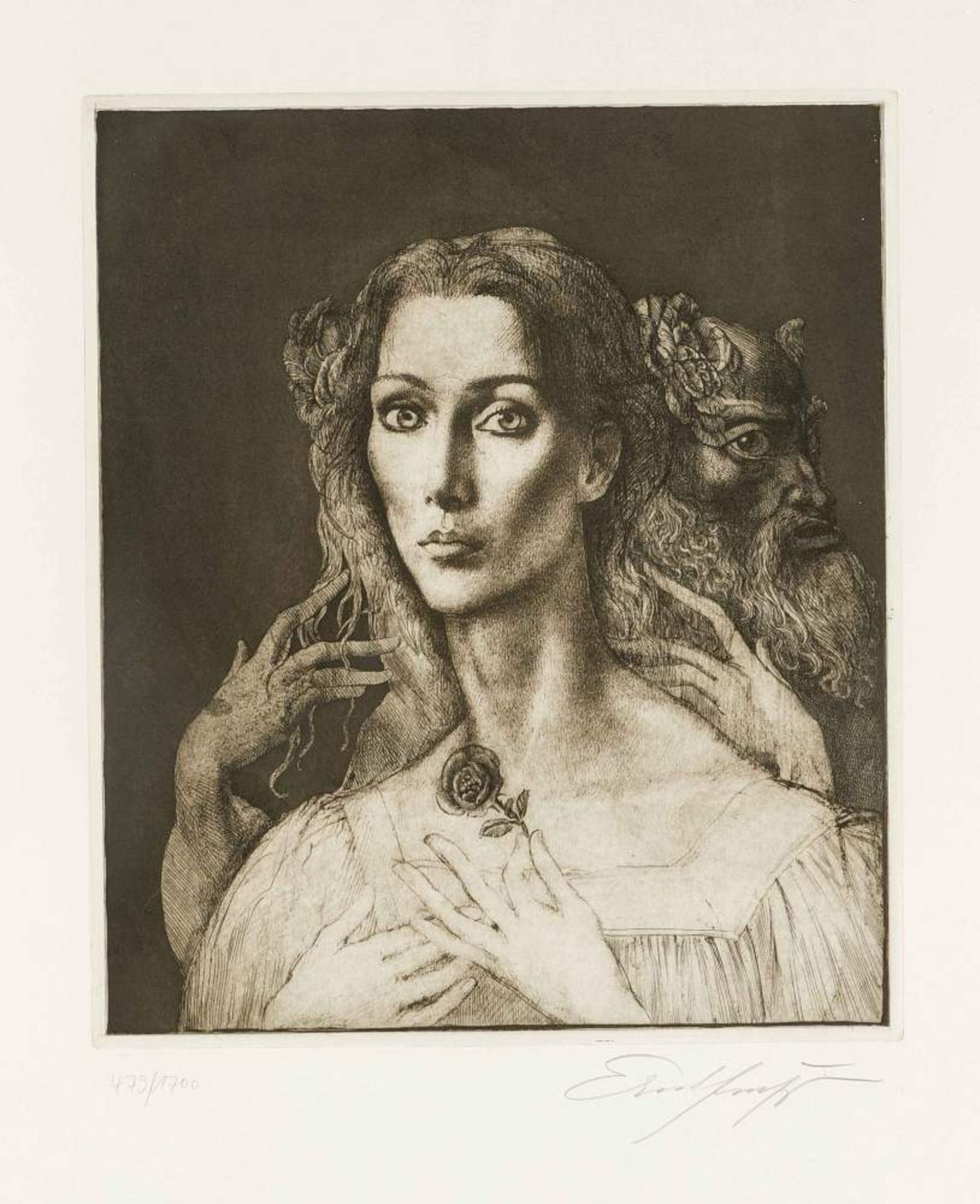 Ernst Fuchs (1930-2015), symbolistisches Brustbildnis einer Frau mit Rose, im Hintergrundbärtige