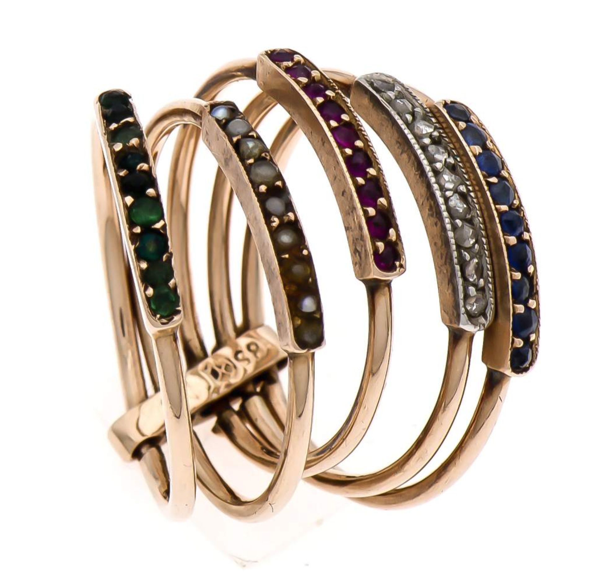 Multicolor-Ring RG 585/000 mit je 9 fac. Saphiren, Rubinen, Smaragden, Orientperlen(einige best.)