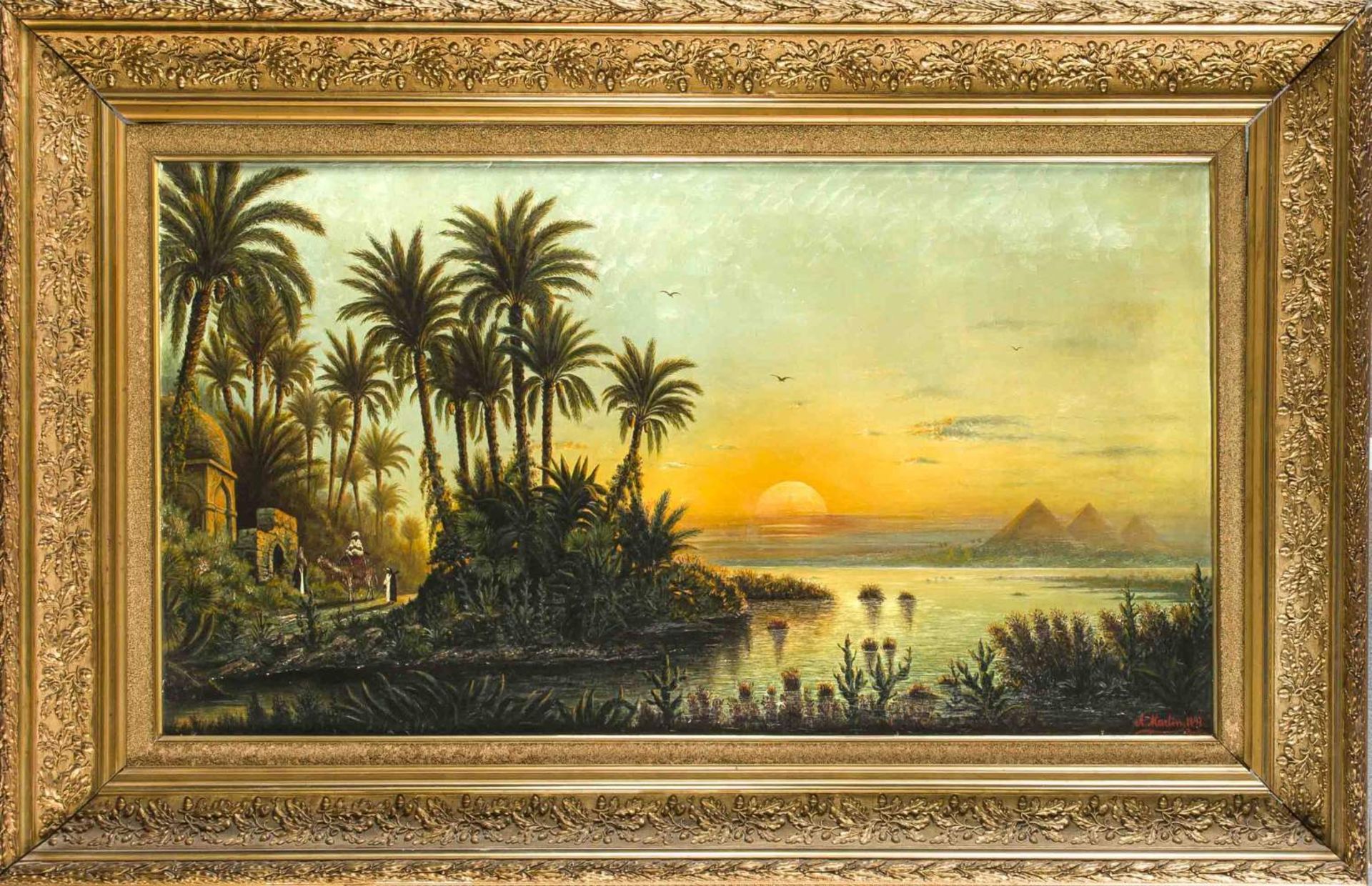A. Martin, Orientalist um 1900, großes Nil-Panorama mit Oase, Kamelreiter und deiPyramiden im