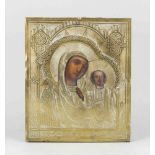 Russische Ikone des 19. Jh., Madonna, Temperamalerei auf Holz hinter Messingoklad mitgeschnittenen