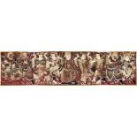 Sehr großes Wandbild, Asien, um 1900, mit reicher Stickerei, figürliche Szenen mitKriegern und