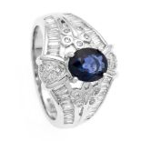 Saphir-Brillant-Ring WG 750/000 mit einem oval fac. Saphir 1,56 ct in guter Farbe sowie 56Brillanten