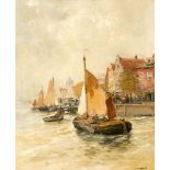 Karl Theodor Wagner (1856-1921), österreichischer Maler, niederländische Hafenszene mitFischerbooten