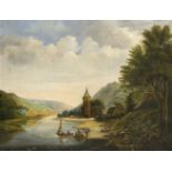 Monogrammist CR, Landschaftmaler d. 19. Jh., Flußlandschaft mit Anglern u. Turm, Öl/Lwd.,u. re. am