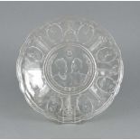 Teller zur Silberhochzeit von Wilhelm II. und Auguste Viktoria, klares Pressglas, Spiegelmit
