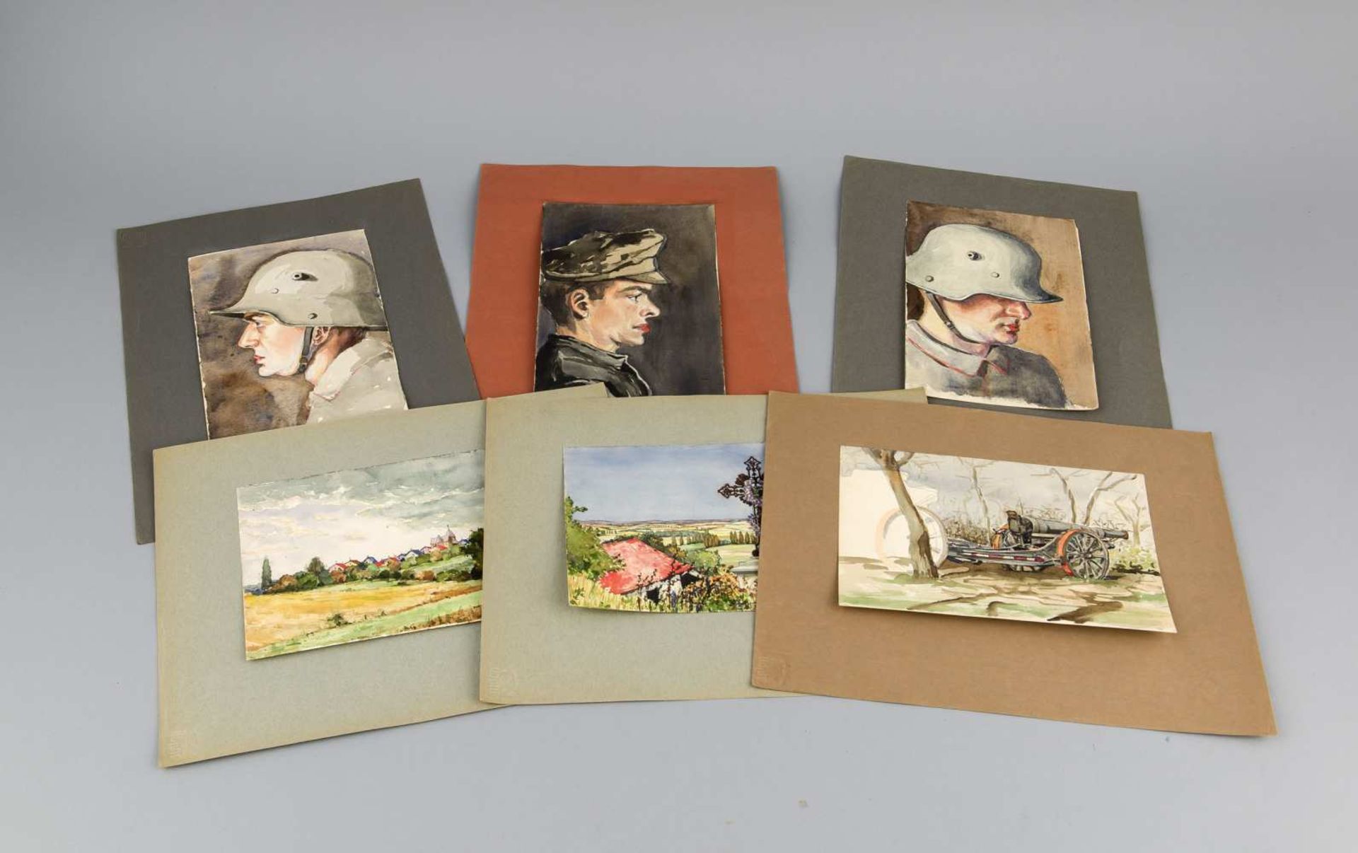 Kriegsmaler um 1915/16, Sammlung von 29 Aquarellen, Soldatenportraits, meist