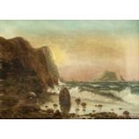 M. Kruse, Landschaftsmaler um 1900, Felsenküste mit Seglern im Abendlicht, Öl/Lwd., u. re.sign.,