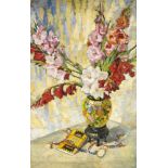 Anonymer Maler um 1920, großes Blumenstillleben mit Gladiolen in japanischer Vase,Öl/Lwd.,