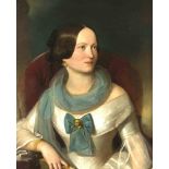 Bildnismaler des 19. Jh., spätbiedermeierliches Portrait einer Dame bei der Lektrüre imroten Sessel,