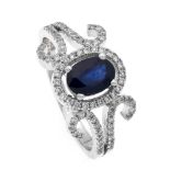 Saphir-Brillant-Ring WG 750/000 mit einem oval fac. Saphir 0,89 ct in sehr guter Farbe und76