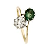 Smaragd-Altschliff-Diamant-Ring GG/WG 585/000 mit einem oval fac. Smaragd 6 x 4 mm inguter Farbe und