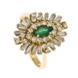 Smaragd-Brillant-Ring GG 585/000 mit einer fac. Smaragdnavette 7 mm, Diamant-Baguettes,zus. 0,54
