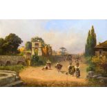 G. Torino, italienischer Maler des 19. Jh., belebte Handelsstraße in großer Landschaft
