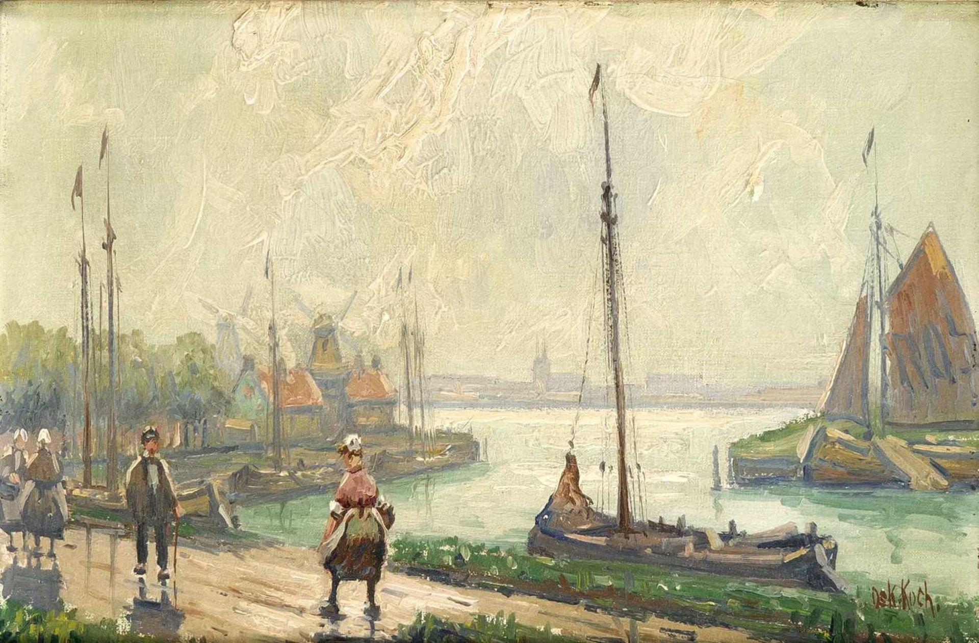 Oskar Koch, Maler um 1900/20, holländischer Hafen mit Staffagefiguren und städtischerSilhouette im