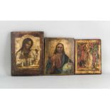 Drei Ikonen, Russland, 19. Jh., Tempera auf Holz, besch., Auferstehung Christi, 25 x 19cm,