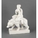 Jugendstil-Figur, Anf . 20. Jh., Faun, auf einem Bären reitend, Keramik weiß glasiert, inBoden