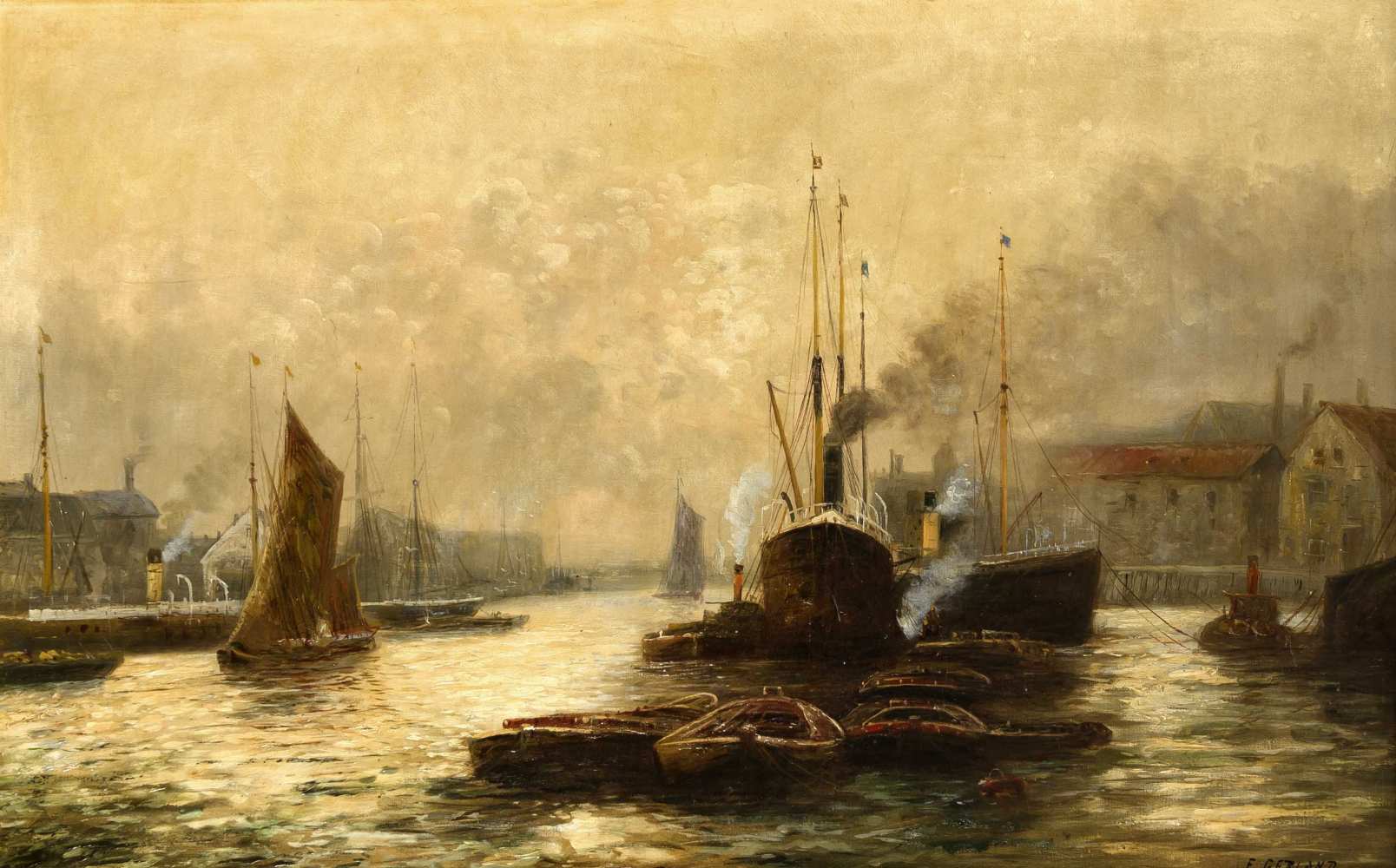 E. Gerland, Marinemaler um 1900, im Hafen von Stettin (?), Öl/Lwd., u. re. sign., 67 x 105cm, ger.