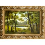 Sign. Normann, Landschaftsmaler um 1900, monumentale Landschaft mit Rehen an einemWaldsee, Öl/
