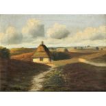 C. Rasmussen, dänischer Maler 1. H. 20. Jh., spätsommerliche Landschaft mit Bauernkate imAbendlicht,