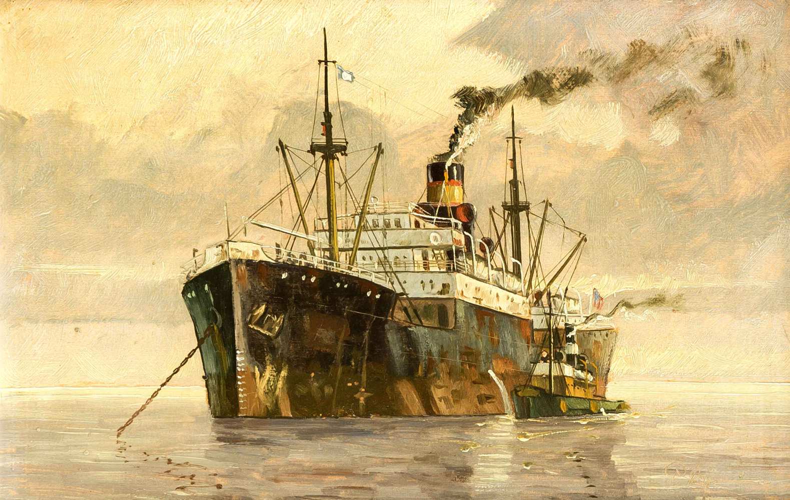 Marinemaler um 1900, Frachter vor Anker von einem Schlepper begleitet, Öl/Karton, u. re.