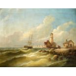Norddt. Maler um 1850, Fischer an der Küste mit einem Leuchtturm im Hintergrund und zweiSchiffen,