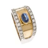 Saphir-Brillant-Ring GG/WG 750/000 mit einem Saphircabochon 6 x 4 mm in sehr guter Farbeund 22