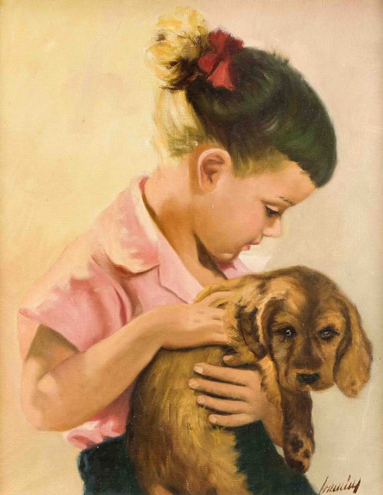 Dekorationsmaler 2. H. 20. Jh., Mädchen mit Hund, Öl/Lwd., u. re. unleserl. sign., 47 x 38cm, ger.