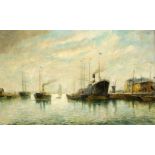 D. Morett, Marinemaler um 1900, große Hafenpartie mit zahlreichen Schiffen, Öl/Lwd., u.re. sign.,