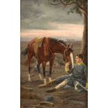 Monogrammist RK Anfang 20. Jh., verwundeter Soldat mit Pferd lehnt an einem Baum umgebenvon