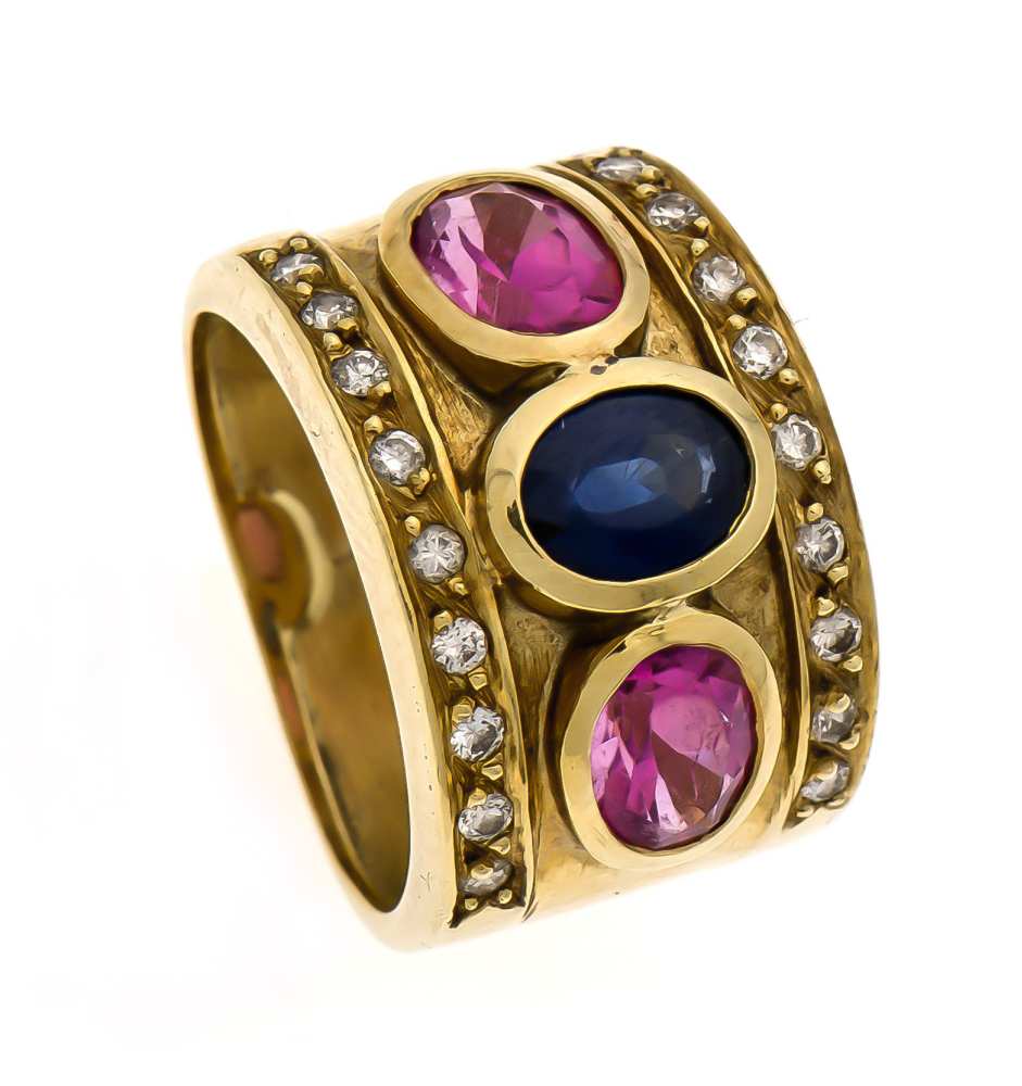 Saphir-PinkTurmalin-Brillant-Ring GG 585/000 mit einem oval fac. Saphir 6 x 4 mm, 2 pinkTurmaline
