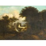 Flämischer Meister um 1800, Waldpartie mit Ausblick auf eine Wassermühle, Öl/Lwd., doubl.,