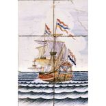 Fliesenbild, 20. Jh., bestehend aus 6 Fliesen, Darstellung eines Segelschiffes, 1x besch.,