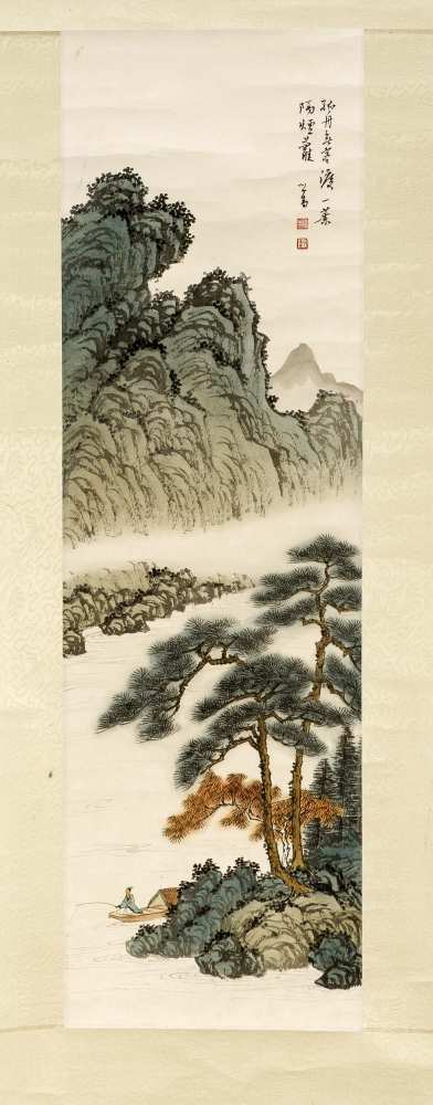 Chinesisches Rollbild 1. H. 20. Jh., Landschaftsmotiv mit Angler, aquarellierteTuschpinselzeichnung,