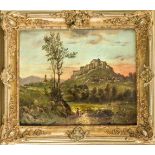 Anonymer Maler d. 19. Jh., Landschaft mit höhergelegener Burgruine im Abendlicht undFigurenstaffage,