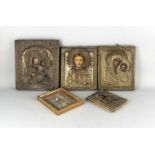 Fünf Ikonen mit Metaloklad, Muttergottes von Smolensk, 30 x 26 cm, Muttergottes von Kasan,27 x 22