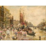 F. Max Richter-Reich (1896-1950), Gracht mit Blumenmarkt in Amsterdam, Öl/Lwd., u. re.sign., 60 x 80