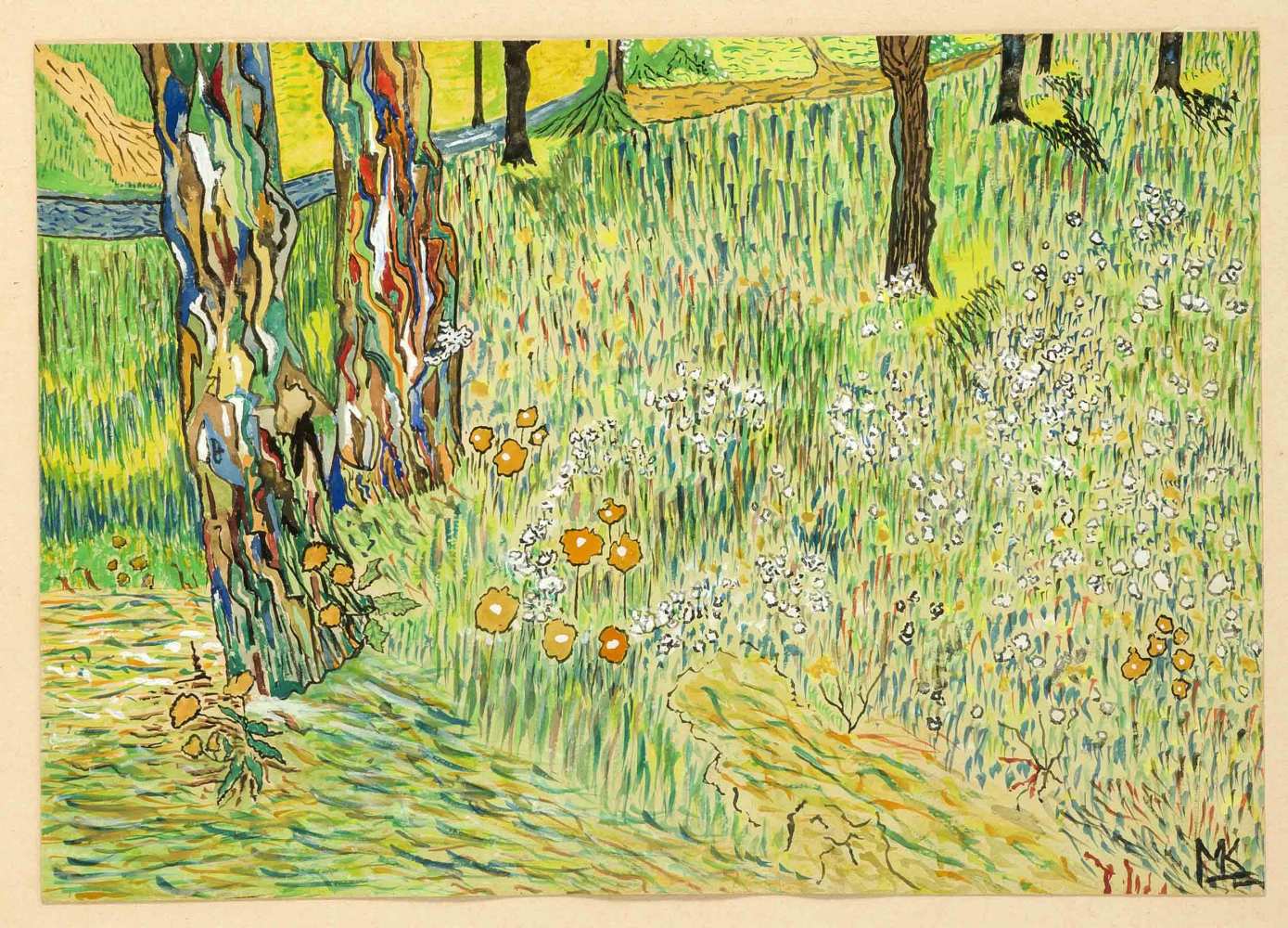 Monogrammist MK, Margarete Kubicka (?), Blumenwiese mit expressiv kolorierten Bäumen,Aquarell auf