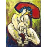 Christian Peschke (*1946), dt. Maler u. Bildhauer, abstrahierter, weibl. Akt mit rotemHut, Öl/