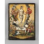 Ikone, Tempera auf Holz, Darstellung der Auferstehung Christi, Riss, besch., 36 x 26 cm