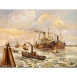 Anonymer Marinemaler d. 20. Jh., Dampfer von Schleppern begleitet in einer Hafenzufahrt,Öl/
