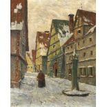 R. Geffert, 1. H. 20. Jh., winterliche Altstadtgasse mit Pumpe und Staffagefiguren,Öl/Lwd., u. li.