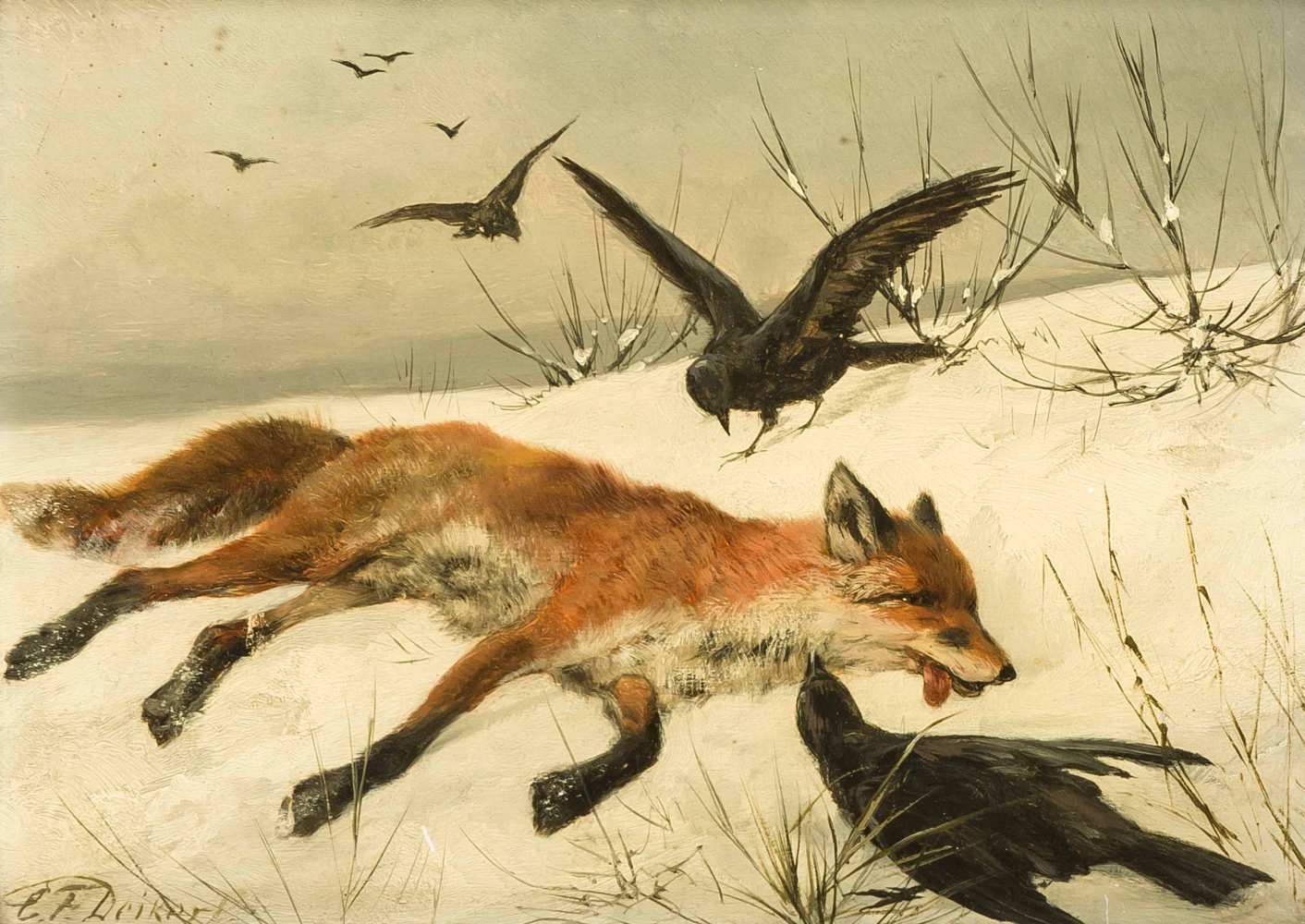 Carl Friedrich Deiker (1836-1892), deutscher Tier- und Jagdmaler der Düsseldorfer Schule,Krähen im