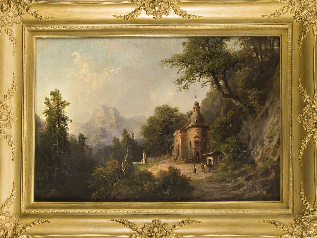 Süddt. Landschaftsmaler um 1870, kleine Kapelle in Alpenlandschaft mit Figurenstaffage beiRamsau,