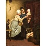 Abel Ziegler, Genremaler des 19. Jh., Mutter, Amme und Kleinkind in schlichtem Interieurmit