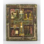 Ikone, Russland, 19. Jh., Tempera auf Holz, mittig Kreuzigung, umgeben von Szenen aus demLeben
