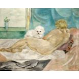 Unidentifizierter Maler um 1920, weiblicher Rückenakt mit Hund, der in Komposition diefrühen