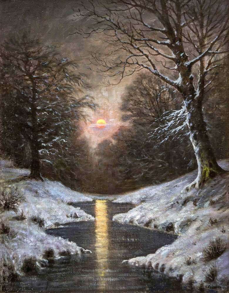 Vilhelm Leisner (1837-1910), dänischer Maler, winterlicher Wald mit glutrotem Mond,Öl/Lwd., u. re.